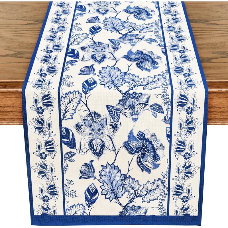 Blue Floral Linen Table Runner Farmhouse Dining Decor 0