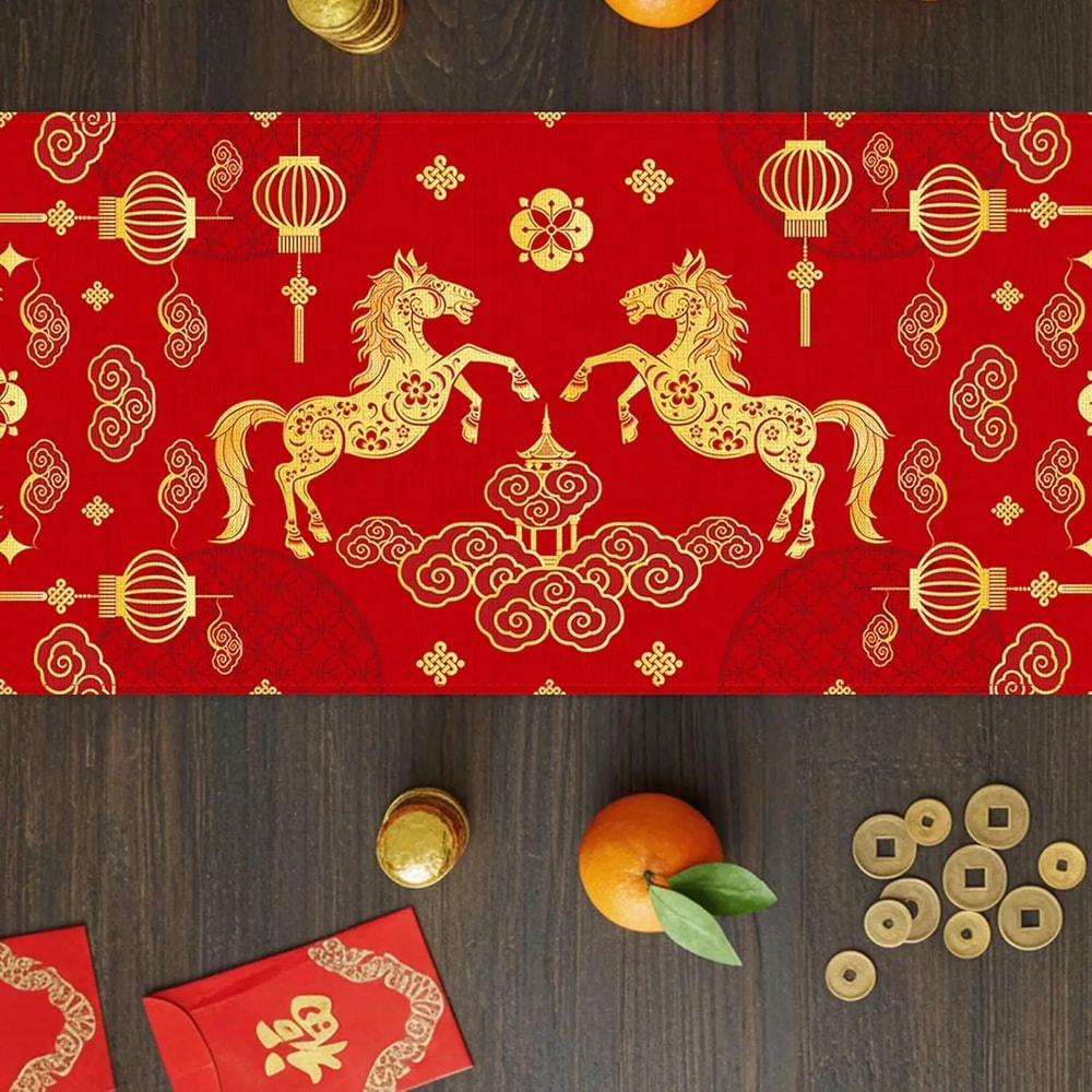 EverFortune Chinese New Year Table Runner Linen Zodiac Horse Decor 0