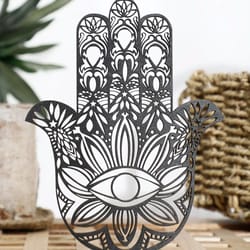 hamsa hand evil eye wooden desk decor minimalist protection accent