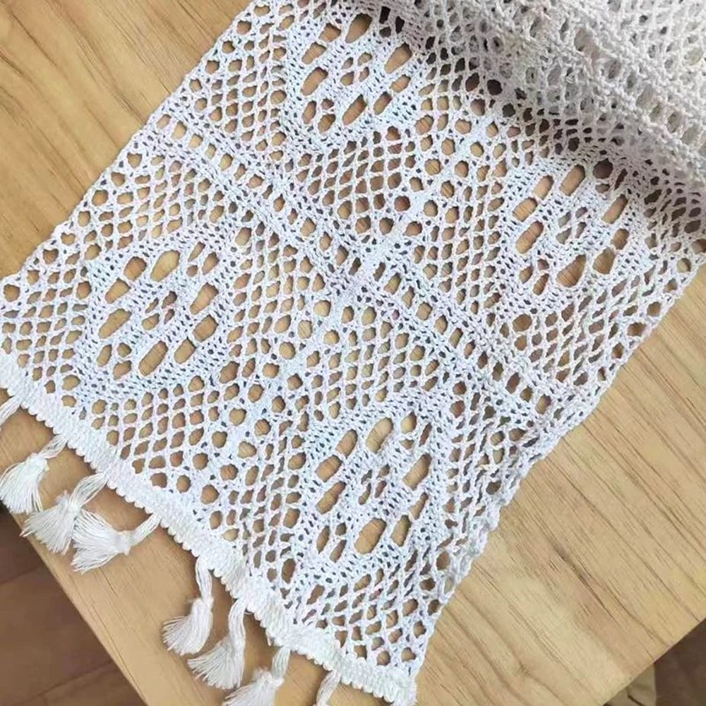 Vintage Lace Table Runner Beige Crochet Tassel Decor 11