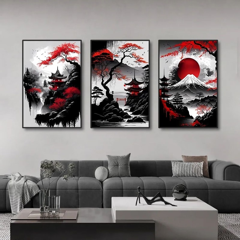 Vintage Japanese Landscape Wall Art Canvas Set Oriental Red Black Home Decor 3