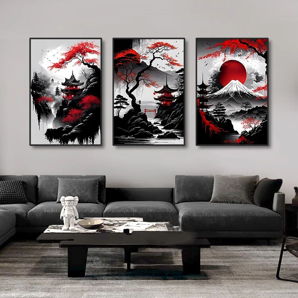 Vintage Japanese Landscape Wall Art Canvas Set Oriental Red Black Home Decor 4