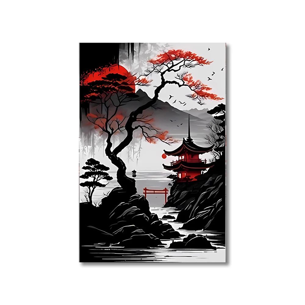 Vintage Japanese Landscape Wall Art Canvas Set Oriental Red Black Home Decor 8