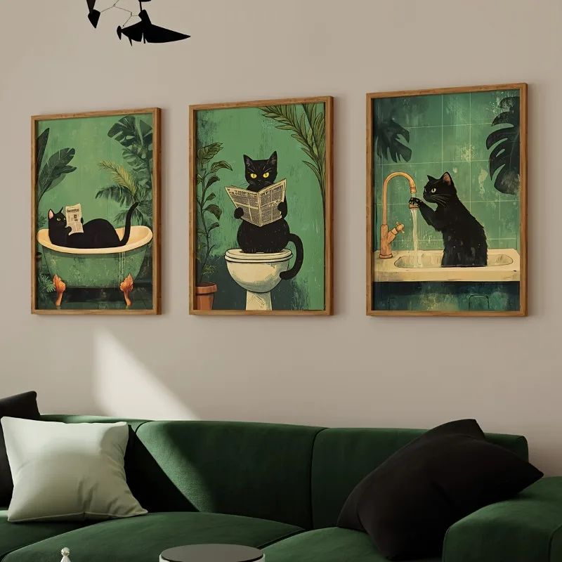 Funny Black Cat Bathroom Wall Art Set Vintage Animal Toilet Canvas Decor 2
