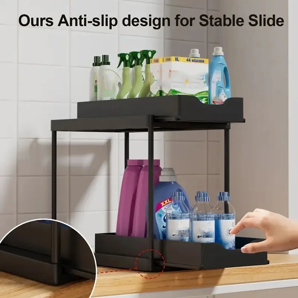 Under Sink Organizer Pull Out Storage Rack Double Layer Kitchen Bathroom Shelf 1