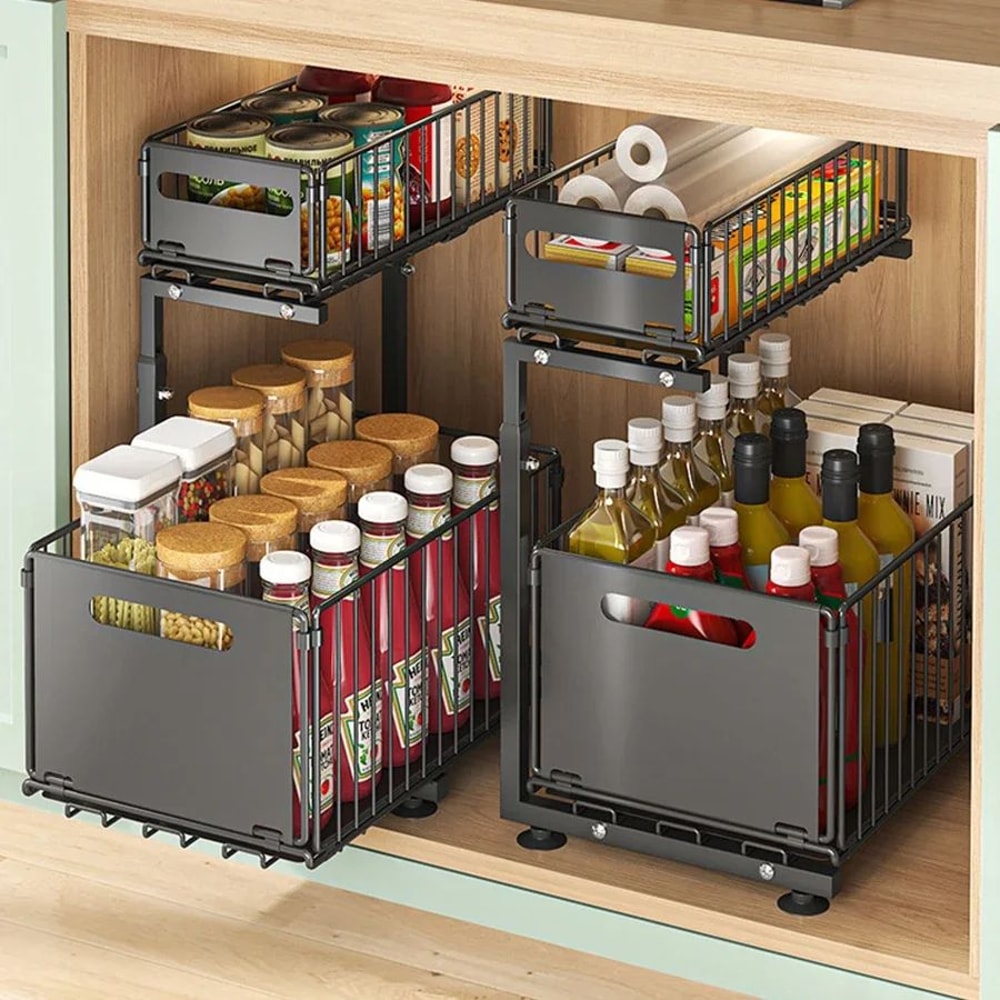 Pull Out Under Sink Organizer Adjustable 2 Tier Sliding Storage Rack 1