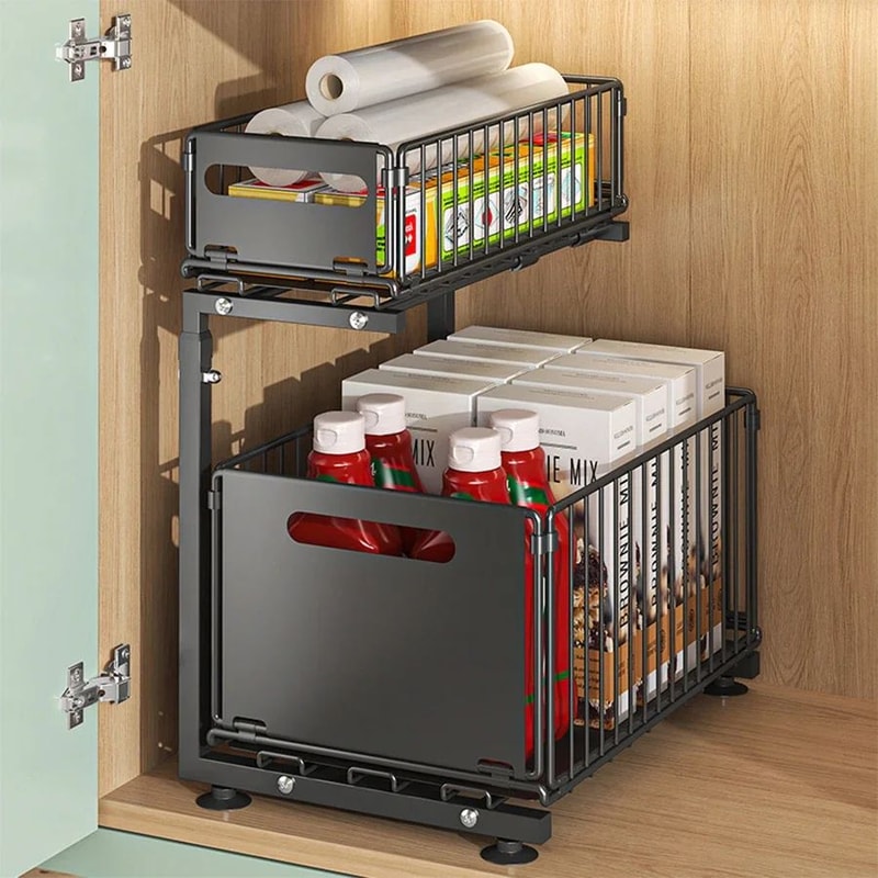 Pull Out Under Sink Organizer Adjustable 2 Tier Sliding Storage Rack 3