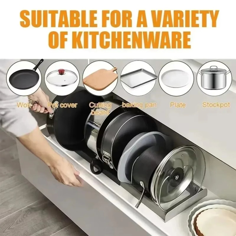Expandable Pots And Pans Organizer Adjustable Rack For Cabinet Lid Storage 4