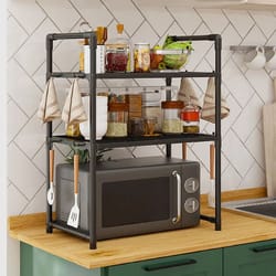 adjustable microwave shelf kitchen counter organizer rack with hooks