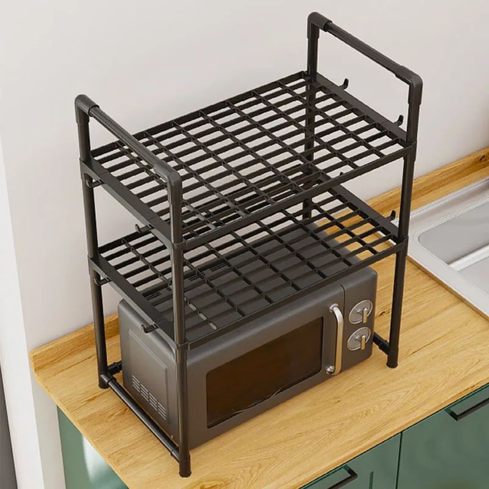 Adjustable Microwave Shelf Kitchen Counter Organizer Rack With Hooks 4