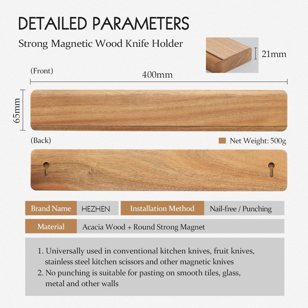 Acacia Wood Magnetic Knife Holder Wall Mount Kitchen Knife Storage Rack 2