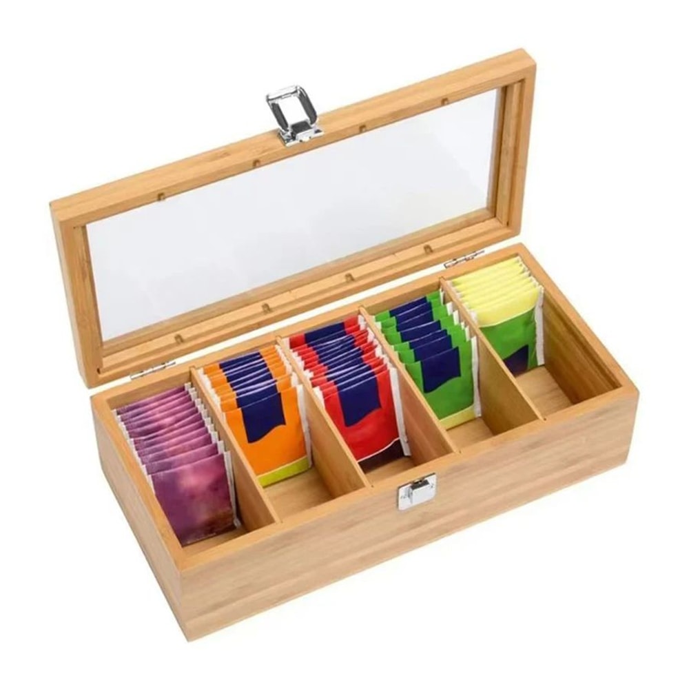 PureLeaf Bamboo Tea Bag Organizer Storage Box With Compartments 0