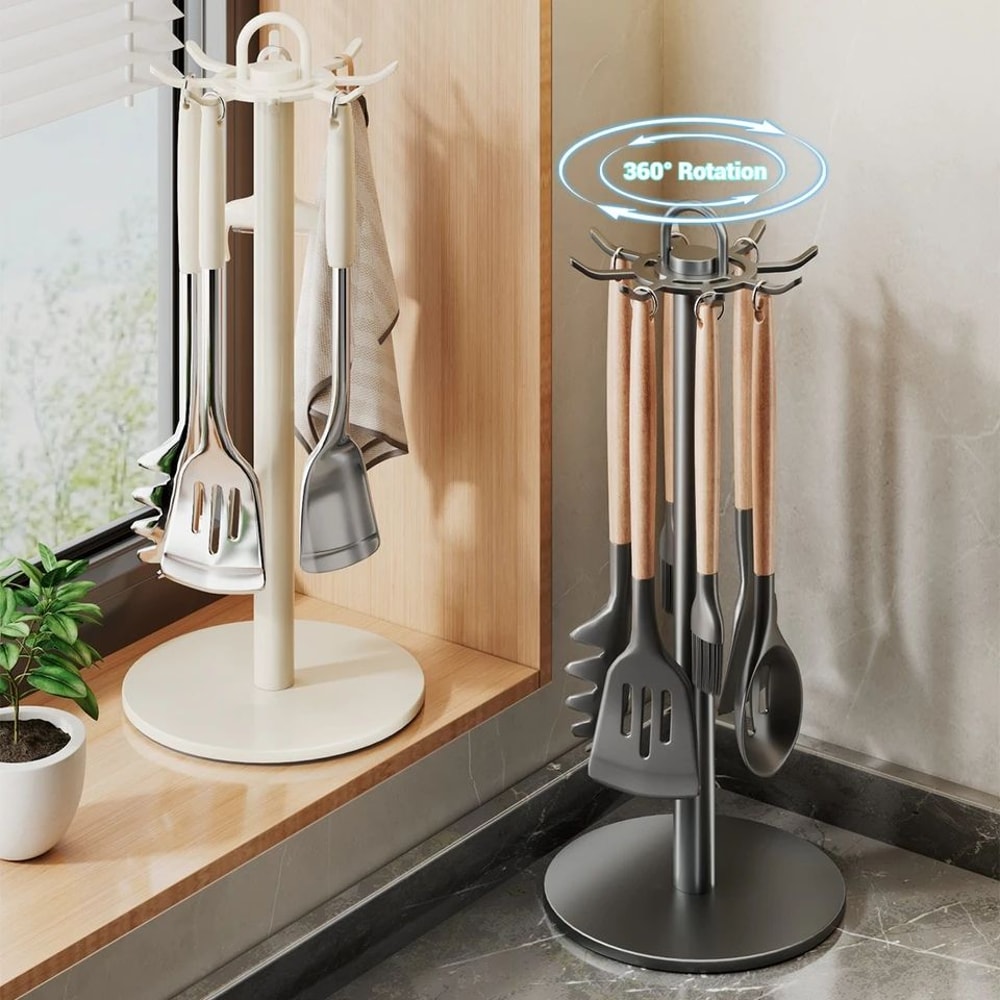 Rotating Kitchen Utensil Holder Stand With Hooks Countertop Organizer 4