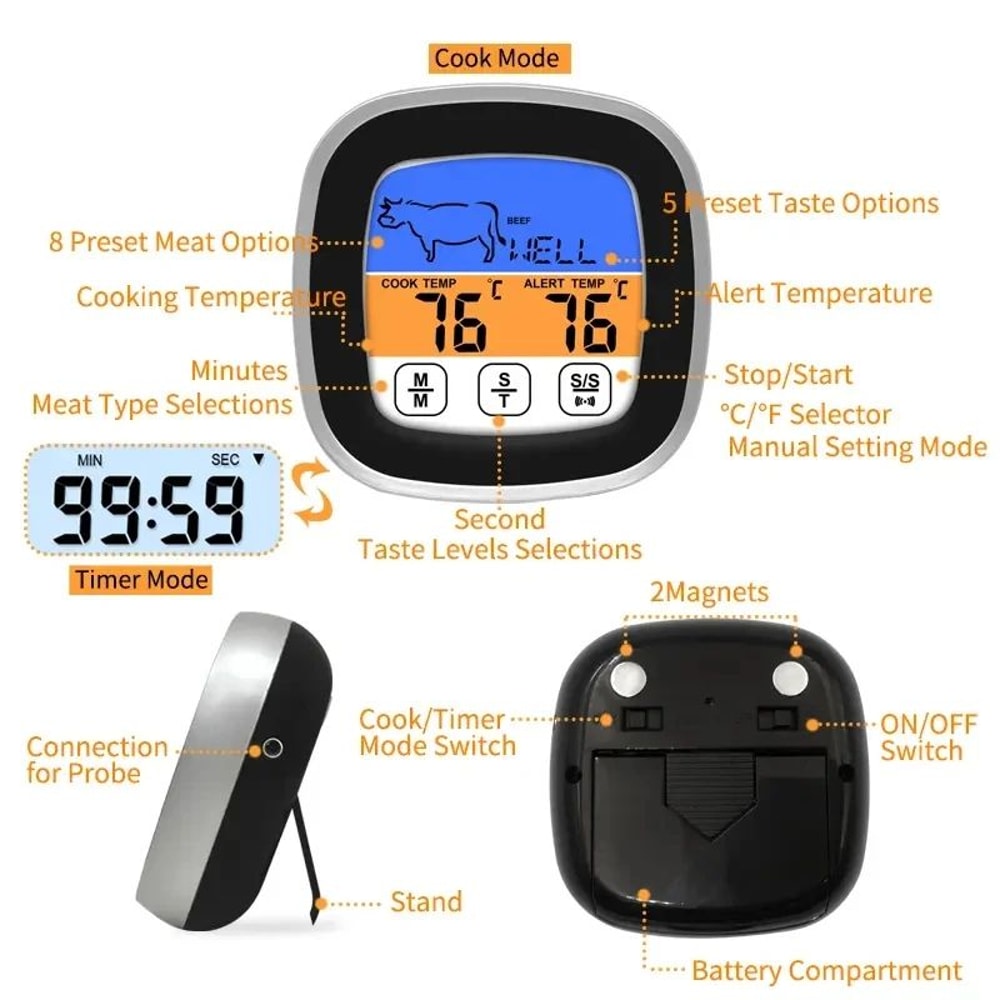 Digital Meat Thermometer With Touchscreen LCD And Precision Probe For Grill And BBQ 2