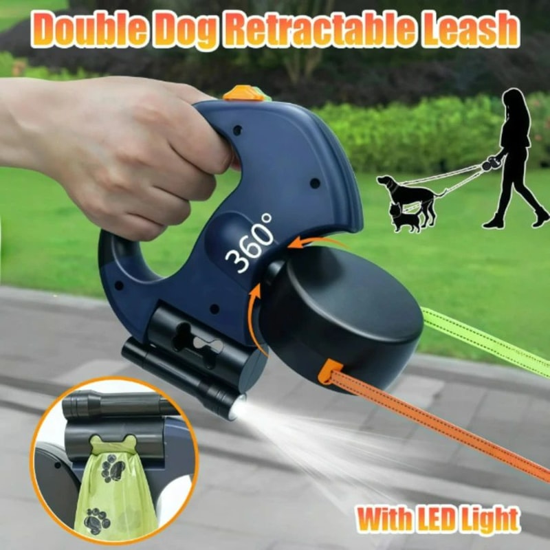 Dual Retractable Dog Leash With LED Light And Waste Bag Holder 0