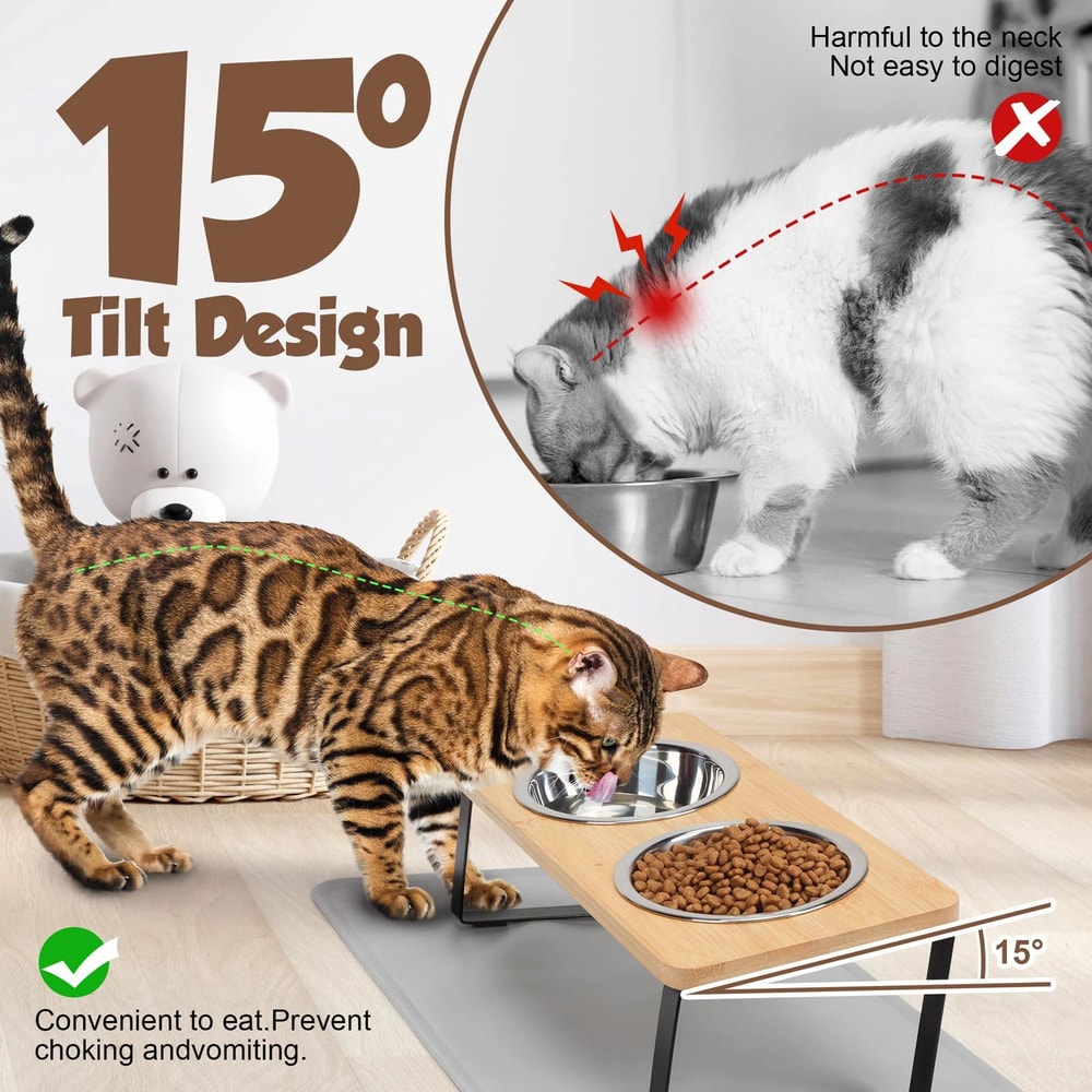 Elevated Cat Bowls With Tilted Stand And Stainless Steel Dishes 2