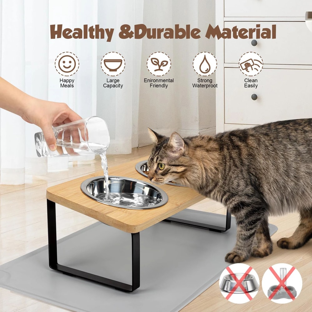 Elevated Cat Bowls With Tilted Stand And Stainless Steel Dishes 3