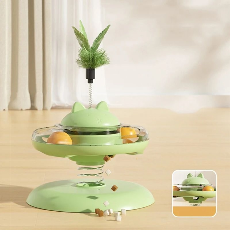 Interactive Treat Dispensing Cat Toy With Track Ball And Feather Wand 3