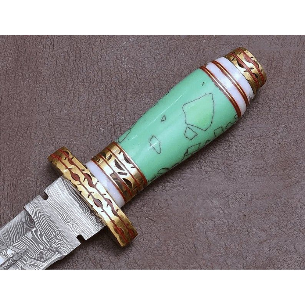 Damascus Steel Blue Resin Dagger Knife 0