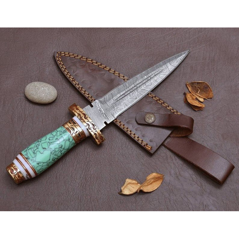 Damascus Steel Blue Resin Dagger Knife 1