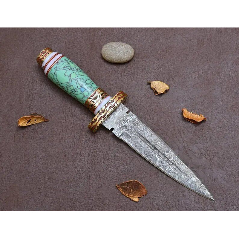 Damascus Steel Blue Resin Dagger Knife 2
