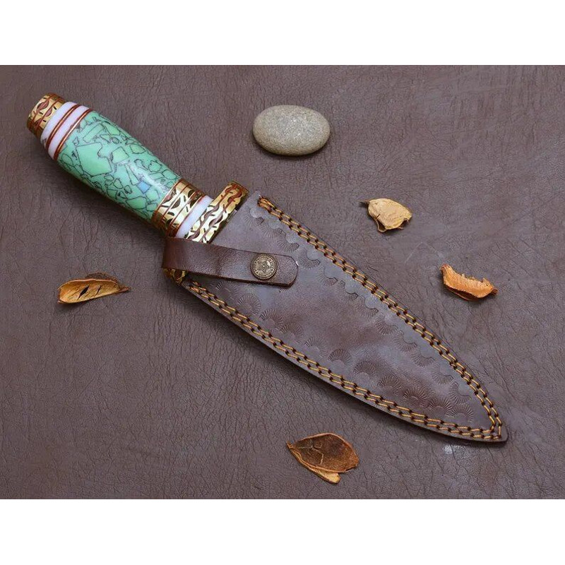 Damascus Steel Blue Resin Dagger Knife 4