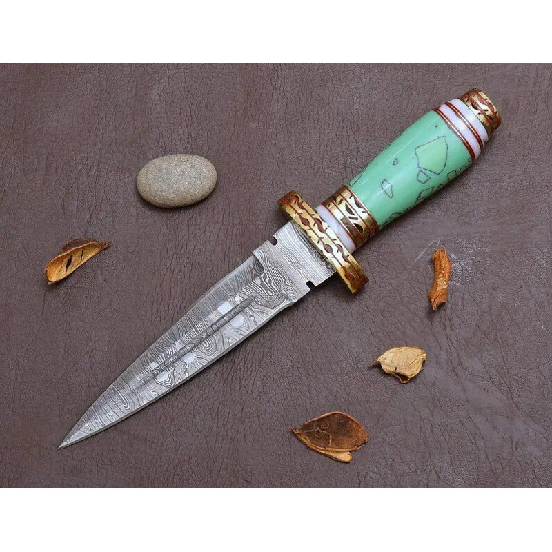 Damascus Steel Blue Resin Dagger Knife 5