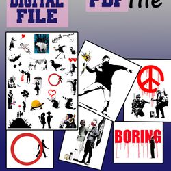 pdf book banksy set collection street art graffiti, 31 pages, 30 artwork, illustration, printable pdf file, download