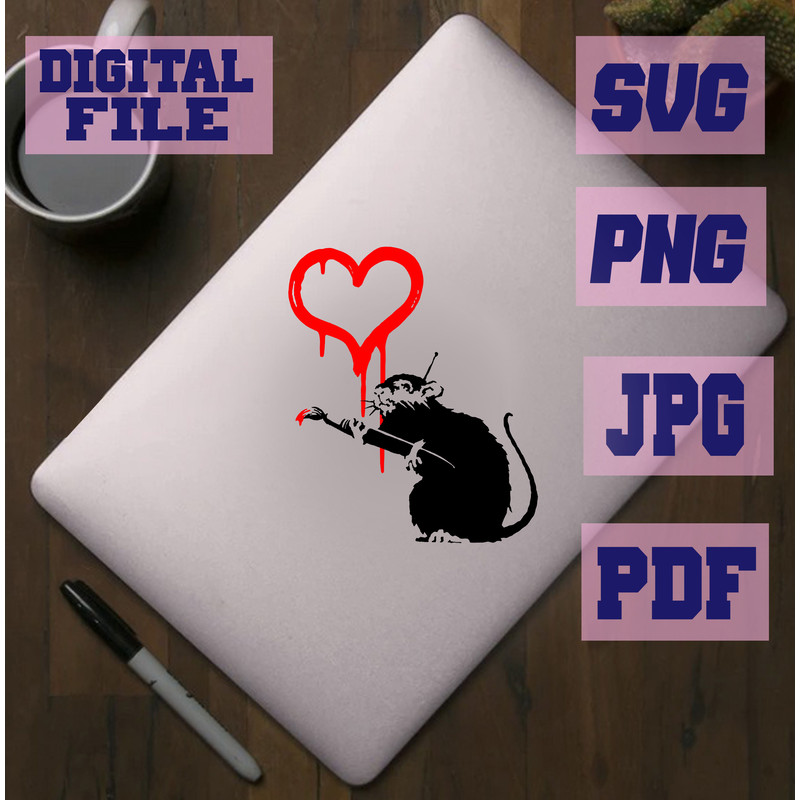 Svgpngpdfjpg Banksy Love Rat Mouse Valentines Day Drawing Heart Graffiti Street Art Stencil Cut Fil