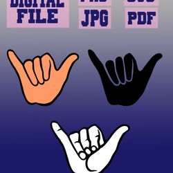 svg/png/jpg/pdf shaka hand, hang loose sign, shaka, surf hang ten thumb silhouette. 3 designs.. cut file for cricut