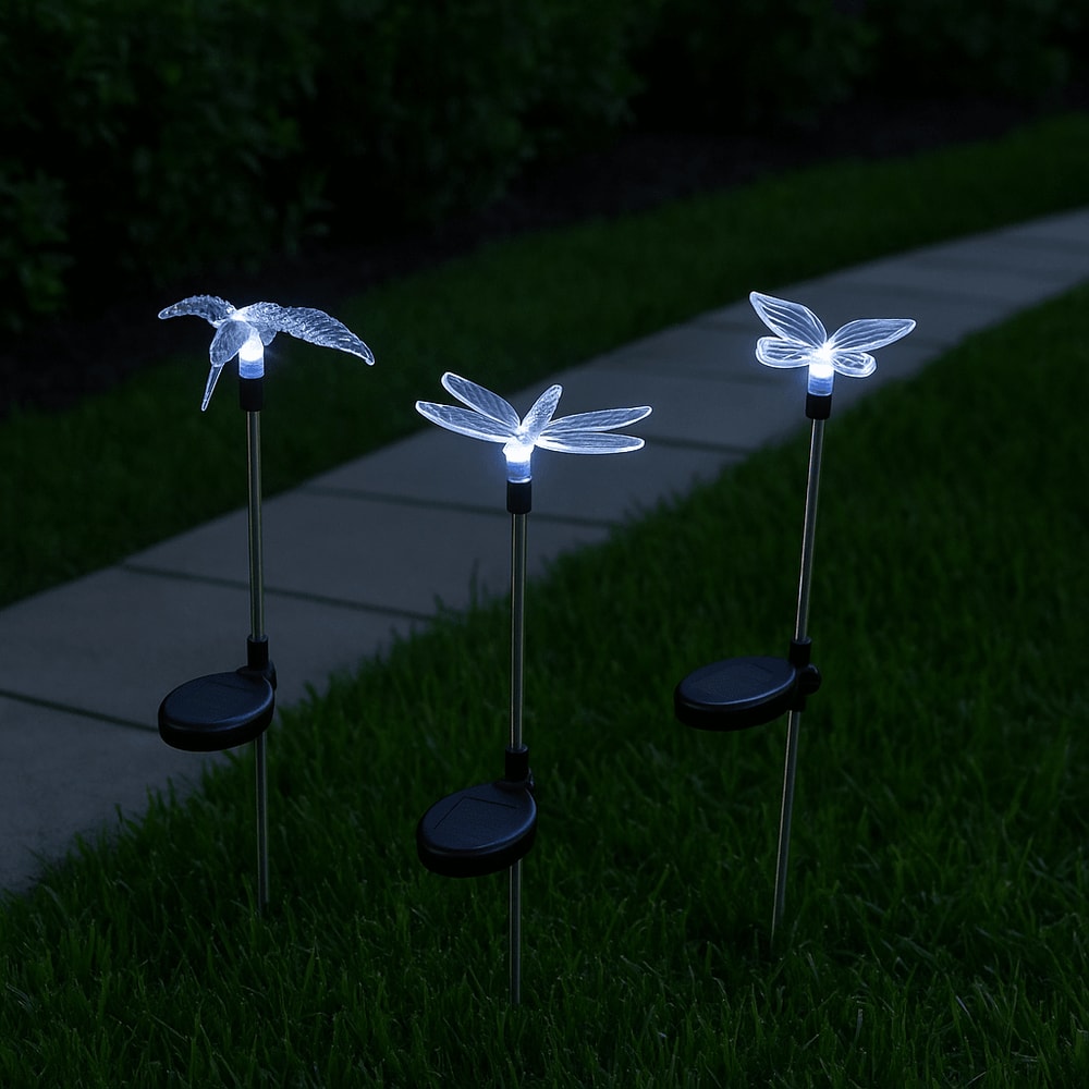 3Pack Solar Garden Lights Butterfly Hummingbird Dragonfly 30 High 0