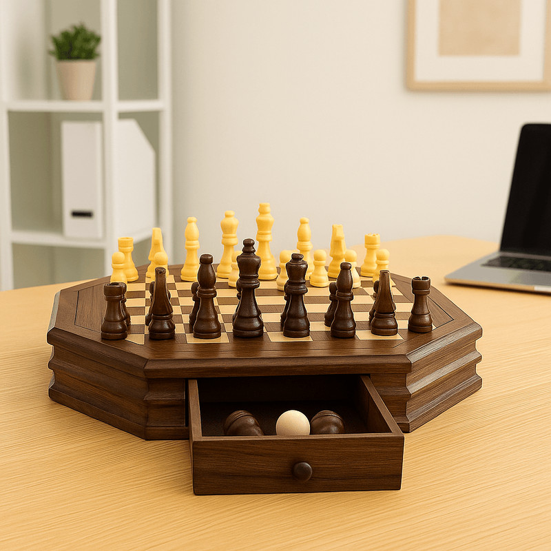 Octagon Wooden Chess And Checkers Set  13Inch Board With Storage Drawers 1