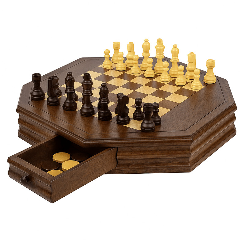 Octagon Wooden Chess And Checkers Set  13Inch Board With Storage Drawers 2