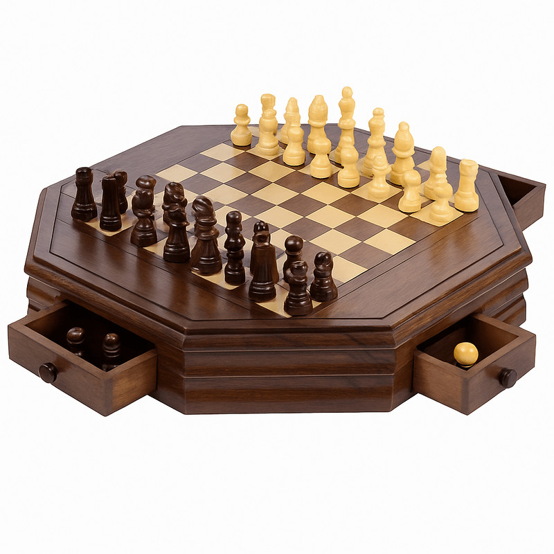 Octagon Wooden Chess And Checkers Set  13Inch Board With Storage Drawers 3