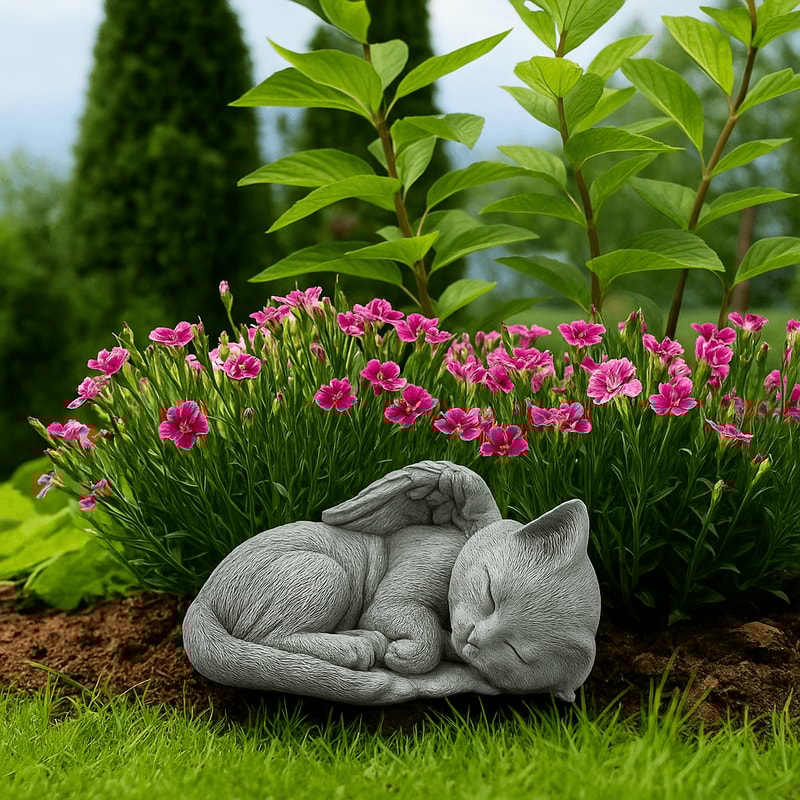 Pet Cat Memorial Sleeping Kitten Statue With Angel Wings Grave Marker Keepsake 0