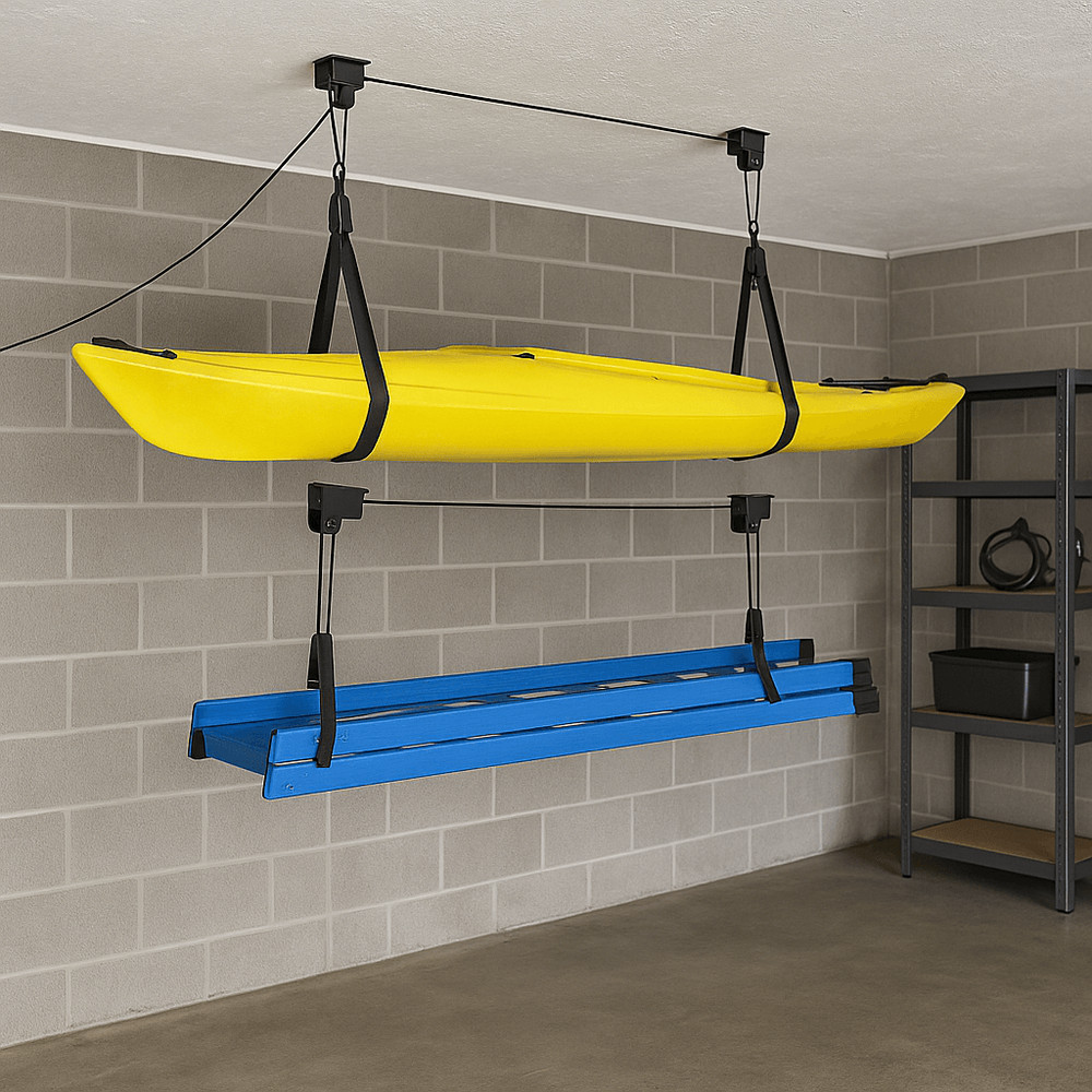 2Pack Kayak Hoist Lift System 125 Lb Capacity Each Overhead Garage Storage For Canoes Bikes And Mor 0
