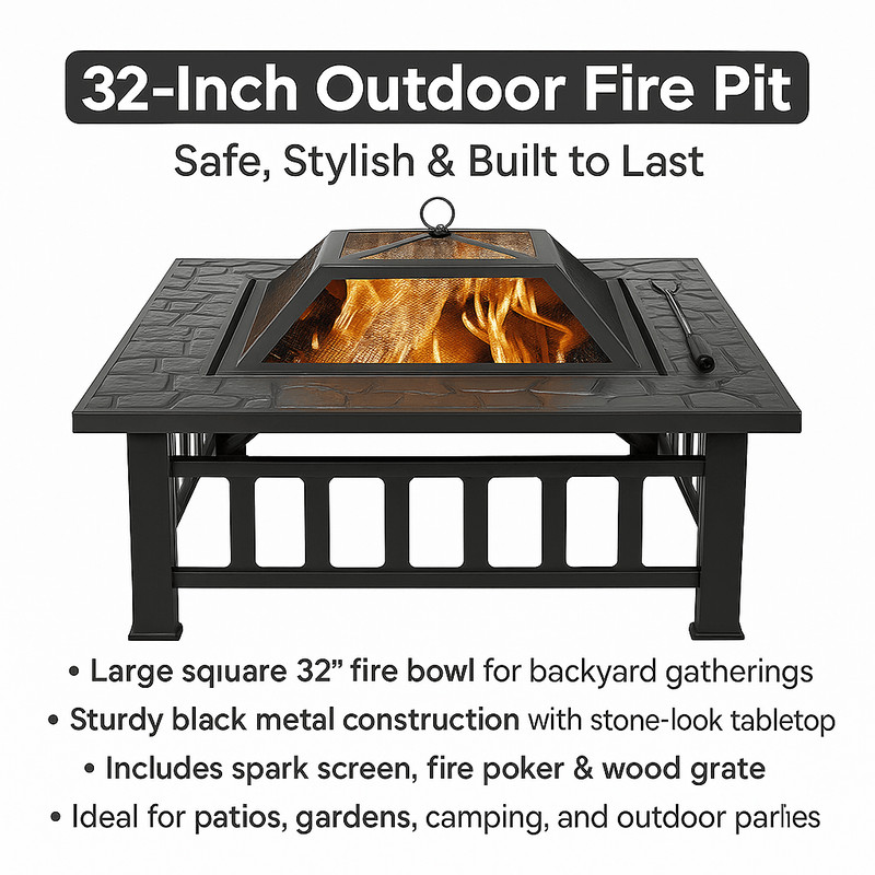32 Square Outdoor Metal Fire Pit WoodBurning Patio Heater With Mesh Cover Poker 0