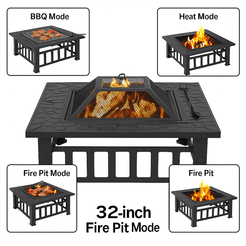 32 Square Outdoor Metal Fire Pit WoodBurning Patio Heater With Mesh Cover Poker 1