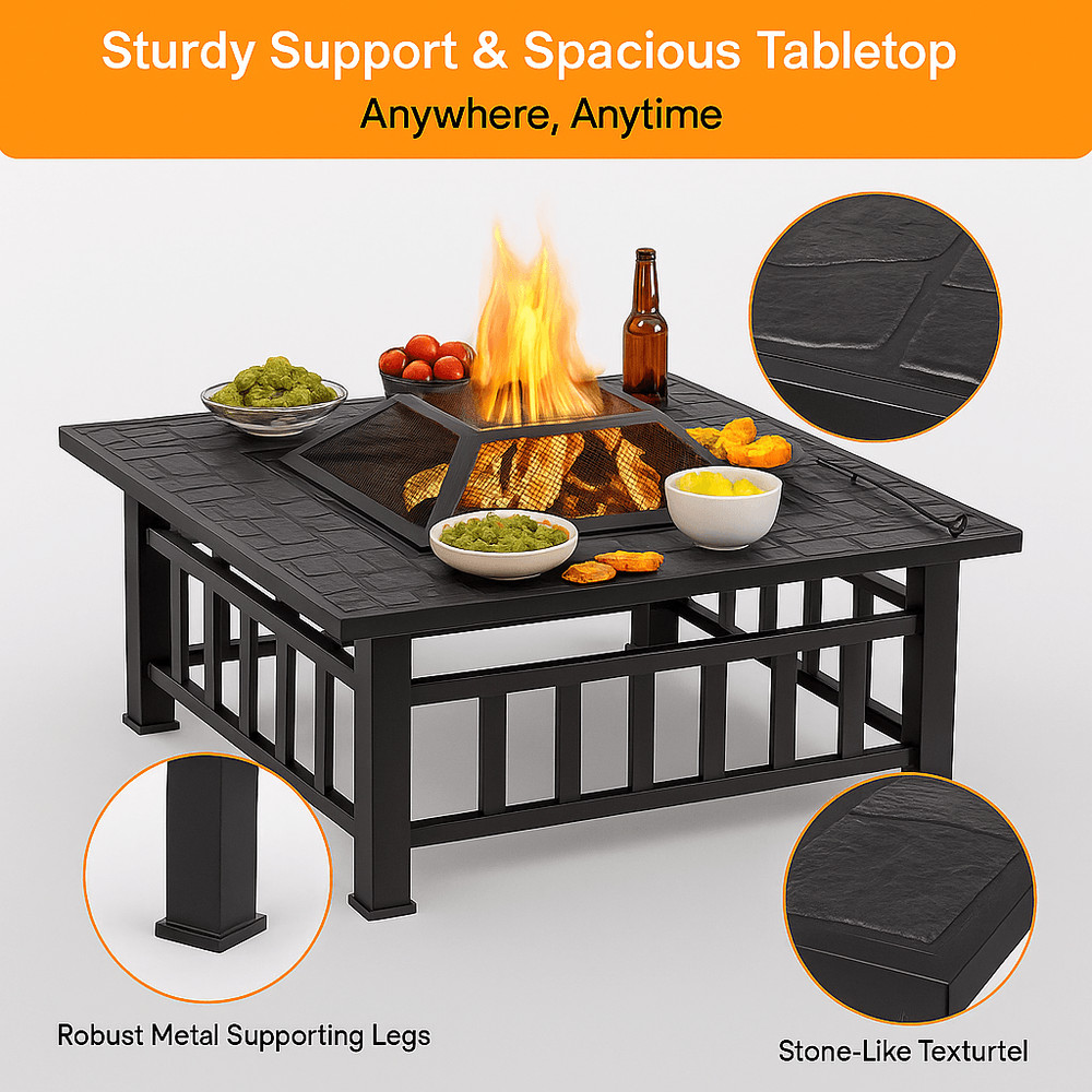 32 Square Outdoor Metal Fire Pit WoodBurning Patio Heater With Mesh Cover Poker 2