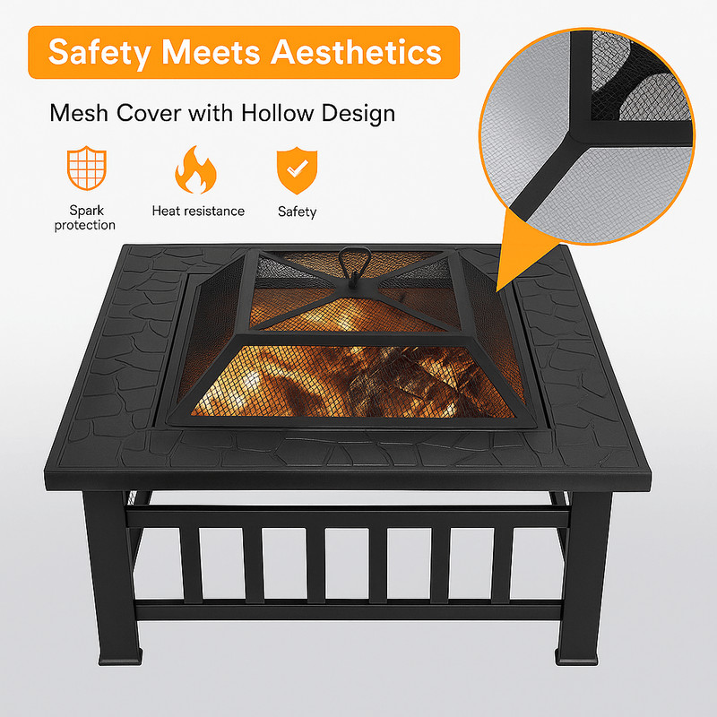 32 Square Outdoor Metal Fire Pit WoodBurning Patio Heater With Mesh Cover Poker 3