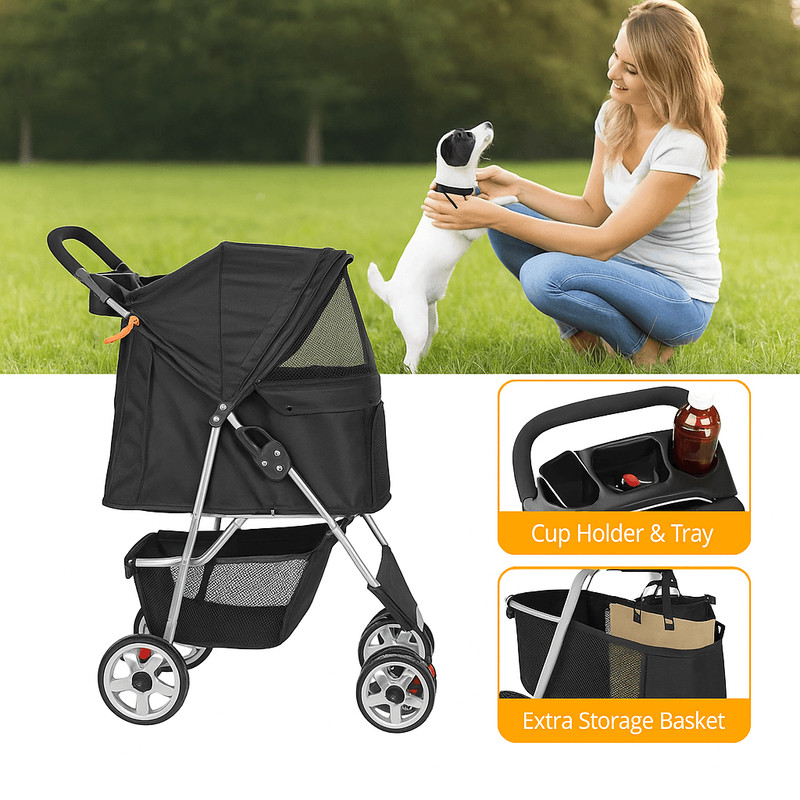 Foldable 4Wheel Pet Stroller With Cup Holder Lightweight Travel Carrier For Small Dogs  Cats 5