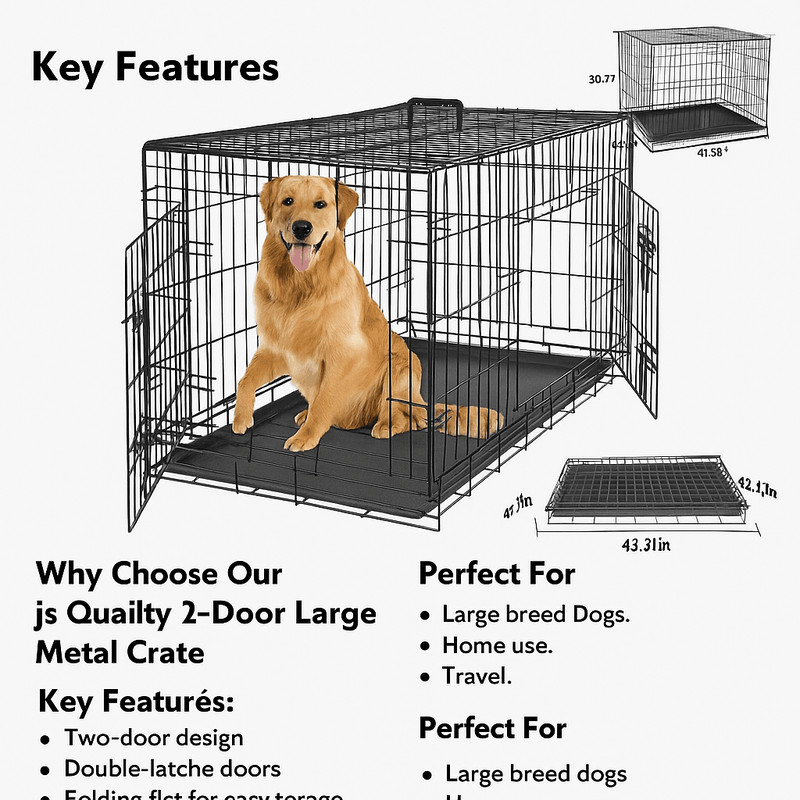 42Inch Folding Metal Dog Crate With Double Doors And LeakProof Tray 7