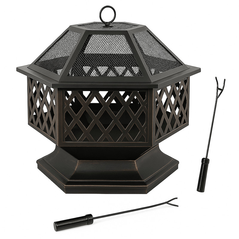 24 In Hexagon Outdoor Fire Pit Bronze Finish Steel Fireplace For Patio  Backyard 9