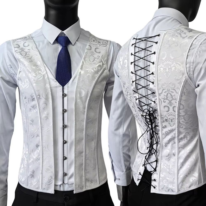 Elegant Renaissance Mens Waist Cincher  SteelBoned Medieval Corset Vest For Stomach Control 10