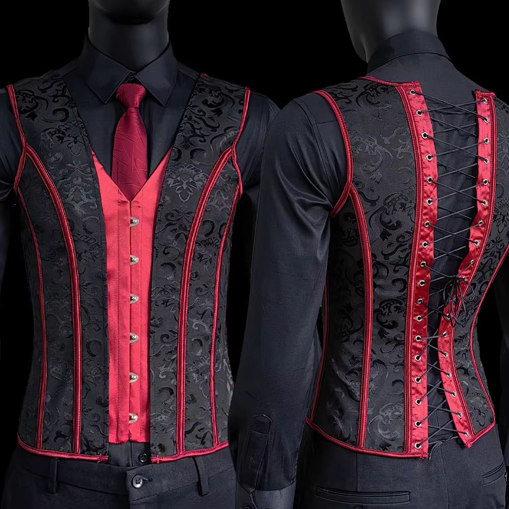 Elegant Renaissance Mens Waist Cincher  SteelBoned Medieval Corset Vest For Stomach Control 16