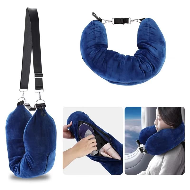 Portable Fillable Neck Pillow  Adjustable Flannel Travel Support 0