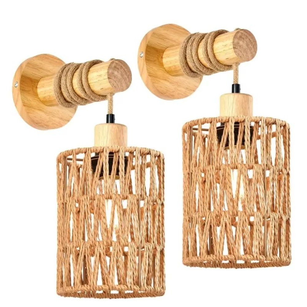 Rustic Hemp Rope Wall Sconce  Farmhouse Bedside Cylindrical Light Fixture 0
