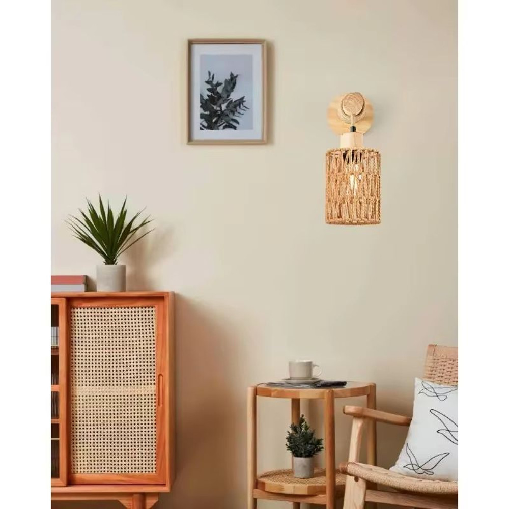 Rustic Hemp Rope Wall Sconce  Farmhouse Bedside Cylindrical Light Fixture 4