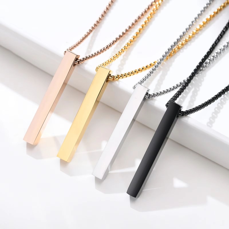 Stainless Steel Bar Pendant Necklace Minimalist 3D Pillar Design For Men Women 4