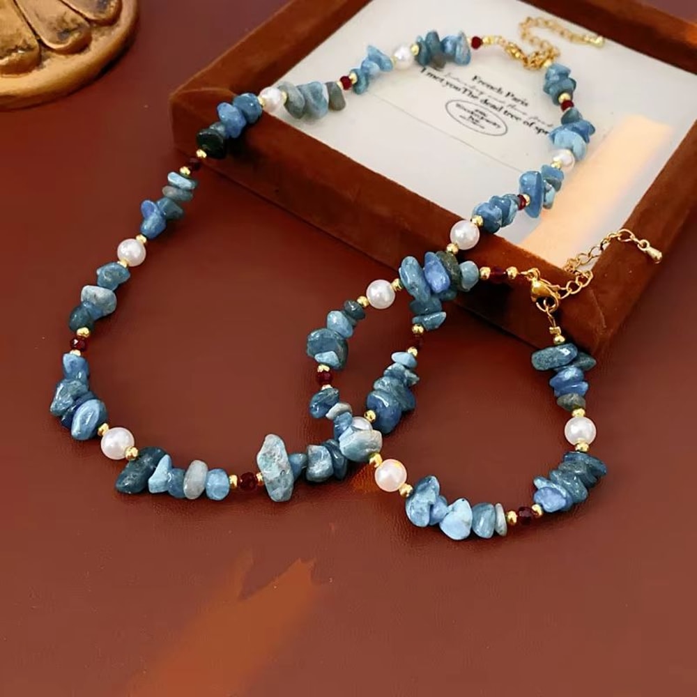AzureLuxe Aquamarine Pearl Jewelry Set Necklace Bracelet Duo 0